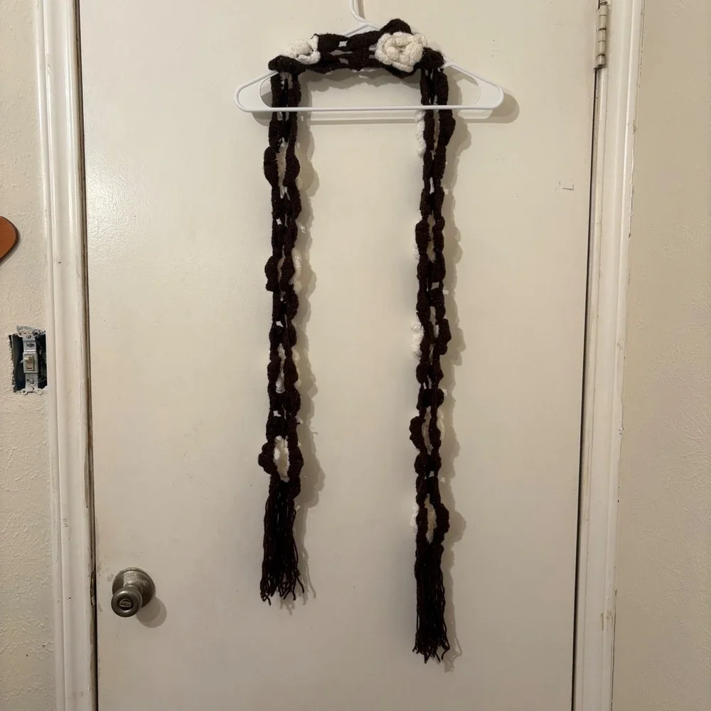 Dark Brown Copper Metallic Extra Long Skinny Scarf White Crochet Flowers Fairy